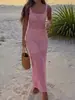 Vestido de Playa Sexy Europeo y Americano Delgado Sin Espalda Color Sólido Hueco Cubre-traje Vestido Largo Sexy