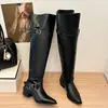 Botas hasta la rodilla para mujer 2026 Estilo nuevo Estilo chica picante Caña ancha Punta fina Tacón grueso Botas largas Hebilla de cinturón de moda Botas de motociclista