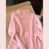 Tienda insignia Shanghai Danong / Suéter pullover rosa holgado con cuello polo de lana de oveja forrado de polar, con un toque casual y sofisticado para mujer