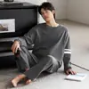 Pijama de Modal para Hombre, Estilo Primavera y Otoño, Color Sólido, Manga Larga, Pantalón Largo, Cuello Redondo, Sin Cierre, Holgado, Sencillo, Se Puede Usar Afuera, Ropa para el Hogar