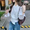 Toma real: Camisa sofisticada de manga larga estilo francés con diseño de cinta, camisa blanca corta versátil para mujer con tapeta lateral 19581