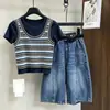 Verão Crianças Pequenas e Grandes Conjunto Falso de Duas Peças Manga Curta 2026 Novo Versátil Infantil Calça Jeans Wide-Leg Sete Pontos Conjunto Estudante