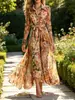 Nuevo vestido de moda retro con estampado floral transfronterizo europeo y americano, elegante vestido camisero de manga larga con botones y corbata en la parte delantera