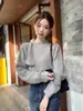 Suéter cinza estilo retrô coreano, suave, gola alta parcial, com amarração frontal para mulheres, nova coleção de inverno, blusa de tricô casual