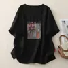 Foto Real de Blusas de Algodão e Linho com Estampa Retro para Mulheres, Gola Redonda Solta, Manga Média, Suéter Casual e Versátil