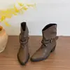 Hebilla de cinturón tejida única, botas de montar para mujer hasta la pantorrilla, tacón grueso vintage, botas de cuero de color liso con punta, botas de moda apilables