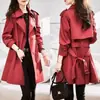 Elegante trench coat estilo coreano para mulheres, novo 2026 primavera e outono vermelho slim fit de abotoamento duplo comprimento médio