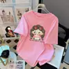 Camiseta de Manga Corta con Estampado de Dibujos Animados de Algodón Peinado para Mujer, Blanca Verano Nuevo Estilo, Camiseta Top de Diseño Holgado Talla Grande