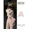 Jaqueta Moletom Cropped Rosa para Mulheres Outono Estilo Coreano Conjunto Casual Esportivo Manga Longa Cropped para Baixinhas