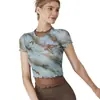 Ropa de Yoga para Mujer 2026 Nuevo Estilo Camiseta Deportiva de Manga Larga con Malla Estampada de Cuello Alto Ropa para Pilates Fitness al Aire Libre Top
