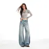 Jeans retro americanos azules de pierna ancha para mujer, verano 2026, lavado pesado, tiro medio-bajo, corte holgado, dobladillo curvo, pantalones de largo hasta el suelo