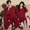 Conjunto de Pijama de Algodón Puro para Mujer con Sujetador Incorporado, Pijama de Manga Larga para Pareja, Rojo Brillante, para el Año del Rata, Celebración de Boda, Ropa de Casa, Conjunto de Dos Piezas