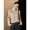 Elegante suéter de punto calado, hombros descubiertos, manga larga, nueva colección otoño 2026, top tipo jersey holgado para mujer talla grande