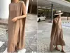 Vestido coreano de verano de lino y algodón para mujer, sin mangas, con abertura, color liso, holgado, talla grande, estilo relajado, largo y frío.