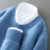 Nuevo suéter de lana 100% color liso para otoño e invierno para hombre, cuello redondo, engrosado, patrón de rombos jacquard, suéter de punto casual holgado