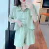 Conjunto de duas peças de shorts curtos de chiffon de verão 2025, novo, com mangas curtas, top de camisa fina de seda gelada com proteção solar, caxemira