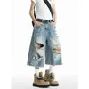 Shorts de mezclilla rotos estilo retro americano de alta calle para mujer talla grande, pantalones de verano de cintura alta, pantalones cortos rectos adelgazantes