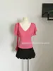 SimidaDesign senso cruz decote V manga bufante top justo verão fino liso manga curta T