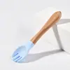 Cuchara Tenedor de silicona transfronteriza Vajilla infantil Cuchara para suplementos alimenticios de entrenamiento para bebés Cuchara para alimentar al bebé Tenedor Cuchara con mango de madera para niños pequeños