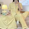Pijama feminino bordado com estampa xadrez fofa, primavera e verão, manga curta, três peças, roupa japonesa para estudantes, atacado