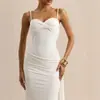 Vestido strapless europeo y americano con bustier retorcido cruzado, volantes laterales y cintas, corte ajustado, bodycon, vestido largo de cola de pez