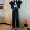 Calça Jeans Wide Leg com Forro de Fleece Outono e Inverno para Mulheres, Calça Versátil de Caimento Fluido até o Chão, Cintura Alta, Corte Reto, Modelagem Solta que Emagrece, Tamanhos Grandes, Primavera e Outono