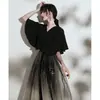Elegante vestido de noche largo con degradado negro, adecuado para anfitrionas, se puede usar a diario, vestido de moda de manga corta con escote en V