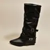 Novas Botas de Salto Bloco Bico Fino Couro Fivela Retrô Femininas Cano Alto Botas Cowboy Outono 2026 Pernas de Calça Western