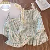 Nuevo Estilo Coreano Pura Pasión Algodón Nube Pijama Rosa Nude Color Sólido Camisola Floral Shorts Conjunto Suave para el Hogar para Mujer