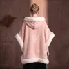 Casaco tipo capa feminina, Outono e Inverno, Forrado com fleece, Lã sintética, Floco de neve, Rosa, Caimento solto, Tamanho grande, Gola de pelo, Casaco grosso, Poncho
