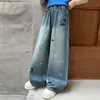 Ropa de Otoño para Niñas Jeans 2026 Nuevo Estilo Pantalones Sueltos para Niñas Niños Medianos y Grandes Elegantes Bordado de Dibujos Animados Pantalones Largos de Pierna Ancha
