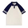 Camisa polo masculina de manga curta para campus jovem, algodão personalizado, combinação de cores, gola contrastante, base de malha, pode ter bordado de logo