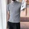 Camiseta de Tricô da Moda para Homens, Manga Curta Slim Fit Estilosa Primavera/Verão Malha Canelada Gola Alta Meia Camada Base Fina