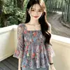Wzxsk 2026 Verão Novo Estilo Manga Sino Estampado Slim Fit Emagrecedor Redutor de Idade Cobertura da Barriga Blusa para Mulheres Tendência