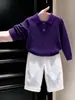 Roupa Infantil Estilo Coreano 2026 Outono/Inverno Novo Suéter de Tricô com Gola Polo e Padrão de Diamantes Roxos Conjunto de Calças Brancas de Pernas Largas para Crianças
