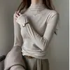 Camiseta Básica Blanca para Mujer de Mezcla de Lana y Tencel, Corte Ajustado, Adelgazante, Cuello Semi Alto, Manga Larga de Modal, Top Sencillo