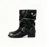 Fivela de Cinto Vintage Outono/Inverno 2026 Botas de Motociclista Western Cool Femininas Couro Macio Salto Grosso Cano Médio Emagrecedoras Botas Curtas