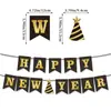 Transfronterizo 2025 Feliz Año Nuevo Banner Negro Dorado Decoración Fiesta de Fin de Año Bandera Colgante Copa de Vino Bandera de Fuegos Artificiales Personalización Venta al por Mayor