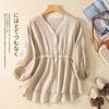 Top de Verano de Algodón y Lino para Mamá de Mediana Edad, Camiseta de Manga Tres Cuartos para Mujer, Tallas Grandes para Mujeres con Curvas, que Oculta la Barriga, Adelgazante, Elegante