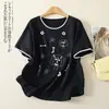 Nueva camiseta de punto de algodón y lino de manga corta, holgada, adelgazante y rejuvenecedora, con bordado de dibujos animados, de nicho