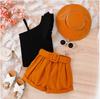 Traje de niña con tirantes inclinados, pantalones cortos y sombrero, conjunto de tres piezas, superventas en primavera y verano de Amazon, para niñas de Europa y América, al por mayor