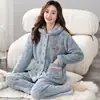 Pijama de Flanela Longo Quente de Inverno para Mulheres, Cardigãs Espessos de Tamanho Grande para Outono e Inverno, Conjuntos Confortáveis Casuais para Casa