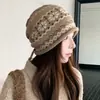Gorro de punto Fair Isle, moda otoño e invierno para mujer, cálido, con cordón, borde enrollado, estilo retro, adecuado para tallas de cabeza grandes