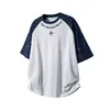 Camiseta raglán de manga corta con estampado de estrellas de marca moderna para hombre, estilo verano, retro americano, color block, algodón puro, corte holgado