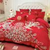 Juego de cama de cuatro piezas de alta gama con bordado de dragón y fénix, color rojo, sábana, funda de edredón, juego de cama cepillado de cuatro piezas para bodas