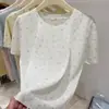 Camiseta de Tricô Feminina Manga Curta Gola Redonda Floral Fresca Menina Doce Verão Absolutamente Linda High-End Peça de Tricô Roupa Externa Feminina