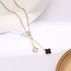 Colar Minimalista Estilo Coreano Flor Dupla Trevo de Quatro Folhas com Madrepérola Preta e Embelezamento Completo de Diamante, Corrente Fina Ajustável, Adequado para Uso Diário, Realça a Elegância, Acessório de Pescoço Versátil