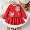 Comércio Exterior Transfronteiriço Outono Novo Roupa Infantil Flor Tridimensional Vermelho Manga Longa com Saia Plissada Atacado