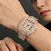 Relógio de Pulso Masculino de Luxo com Mostrador Quadrado de Strass, Quartzo, Liga de Metal, Moda, Cravejado com Diamantes, Clássico Romano, Relógio de Presente