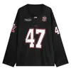 Camiseta deportiva de manga larga, estilo americano, con cuello en V de malla negra, apariencia de dos piezas, número 47 bordado, holgada y transpirable para hombres y mujeres